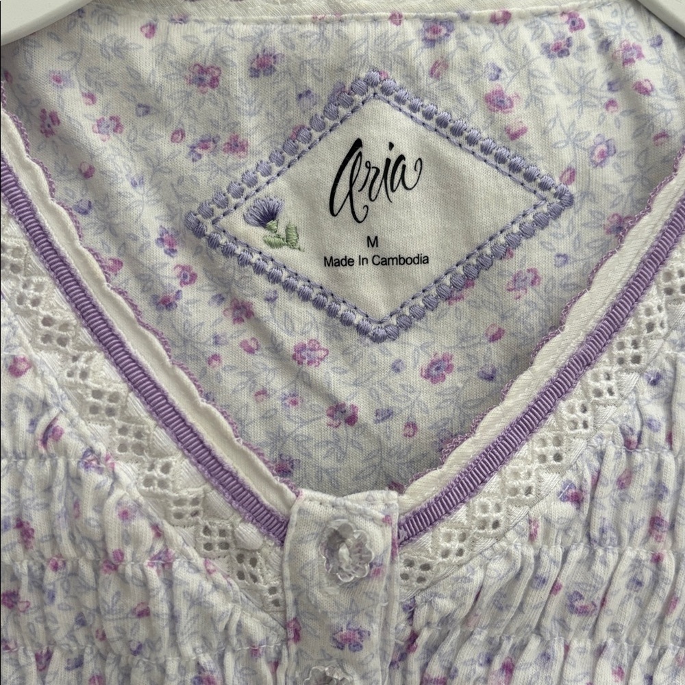 NWOT Aria white & purple floral cotton blend sleeveless nightgown, medium - Picture 5 of 6